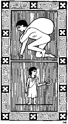 Woodcut-style drawing of a first century slave and a child